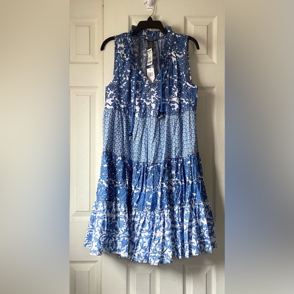 Chelsea & Theodore Dresses & Skirts - CHELSEA & THEODORE Blue Multi Ruffle Tie Neck Printed Tiered Midi Dress  Medium